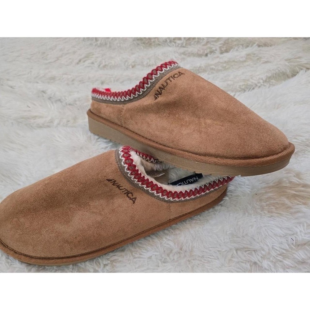 NWT Nautica Men's Darja Suede Scuff Clog Slippers XL 11-12 Tan Fur LineMoccasin